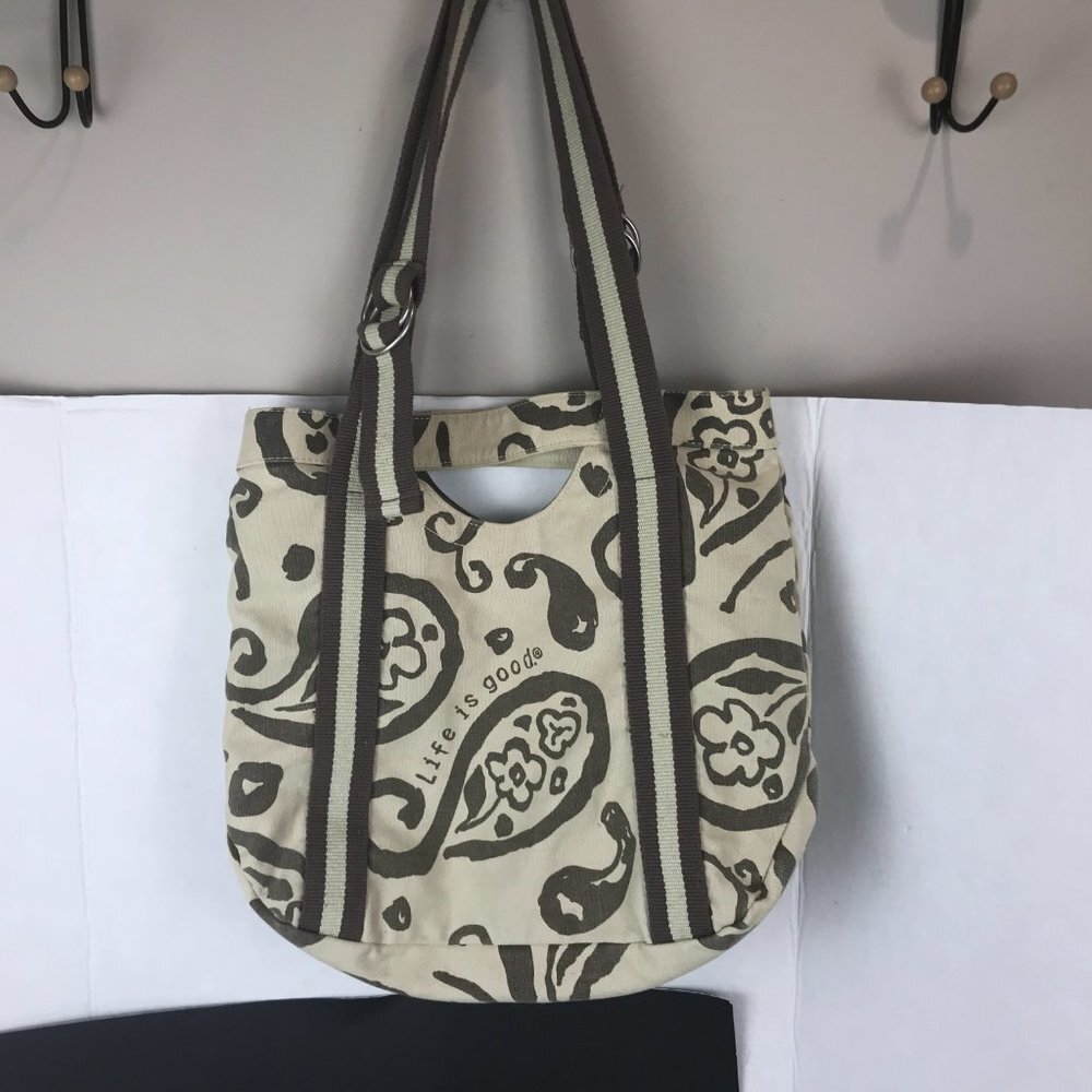 Life is Good Beige and Brown Canvas tote with adjustable straps